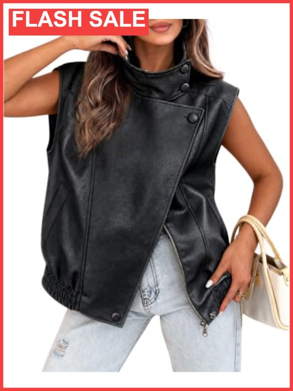 Oversized Faux Leather Vest Stand Collar Sleeveless Jacket Layering Outerwear